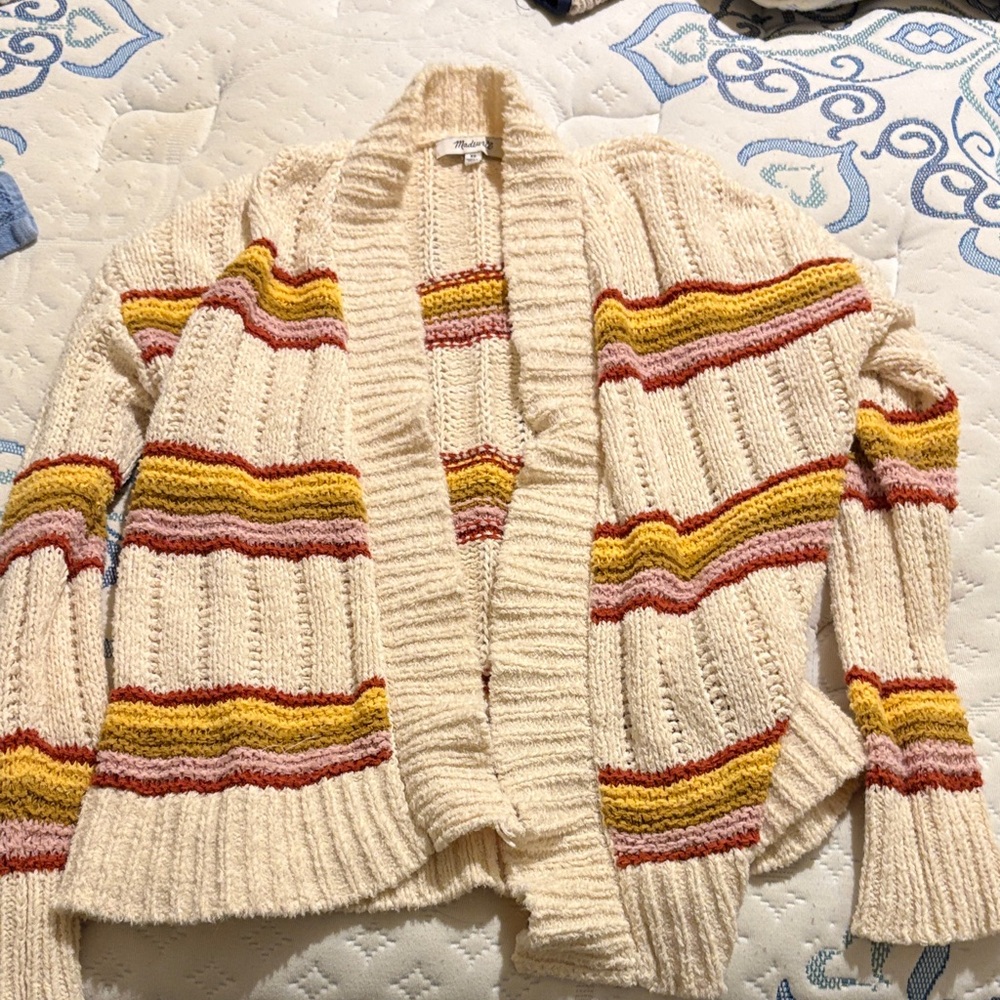 Madewell Cream Cardigan with Red, Pink, and Yellow Stripes